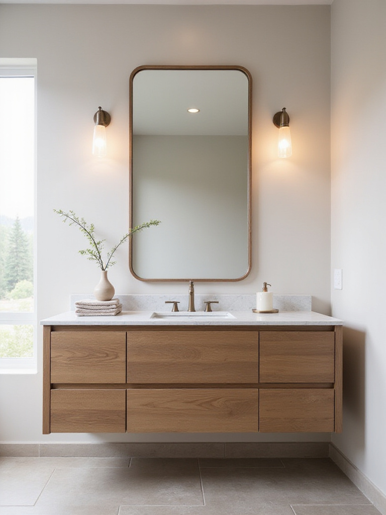 A minimalist transitional bathroom vanity with a wooden base and marble counter. A few curated accessories, including a simple soap dispenser and a small vase with greenery, are neatly arranged, highlighting the uncluttered and balanced design.