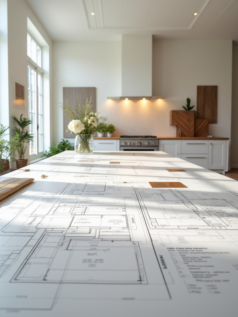 Detailed kitchen renovation plans and material samples displayed on a table in a professional design studio, illustrating the complexity and planning involved in hiring a designer.