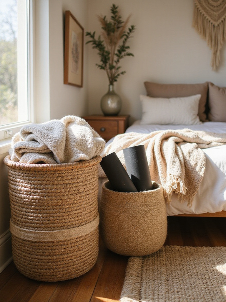 Large woven seagrass and jute baskets used for storage and texture in a cozy bohemian bedroom corner with natural light.