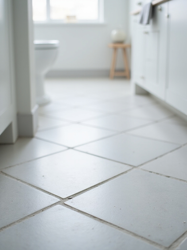 Small bathroom with diagonally laid floor tiles creating a sense of space.