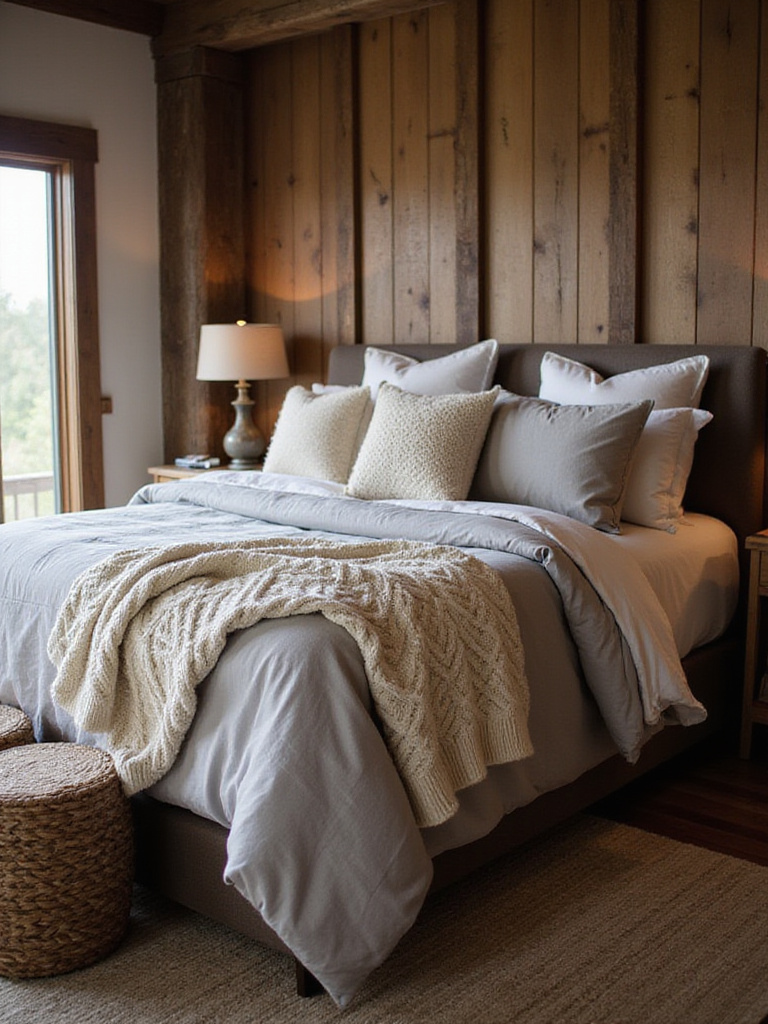 King bed in rustic bedroom with layered grey flannel sheets and cream chunky knit throw for cozy texture.
