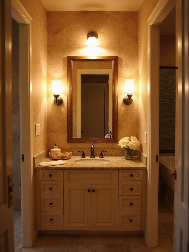 Luxurious bathroom with layered lighting including sconces and overhead fixtures