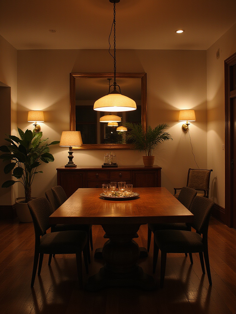 Elegant dining room illuminated by layered lighting, featuring a pendant over the table, wall sconces, and accent lighting creating a warm, inviting ambiance.