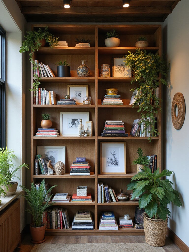 A beautifully arranged bookshelf showcasing books, plants, and decorative objects in warm lighting.
