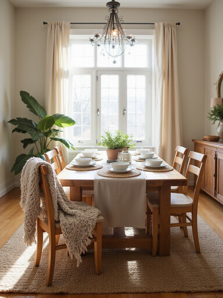 Dining room with layered textures including wood, linen, jute, and ceramics creating a cozy and inviting atmosphere.