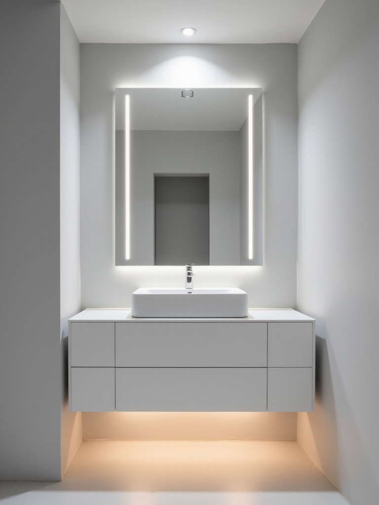 Small bathroom with layered lighting including LED mirror, recessed lighting, and under-cabinet lighting.