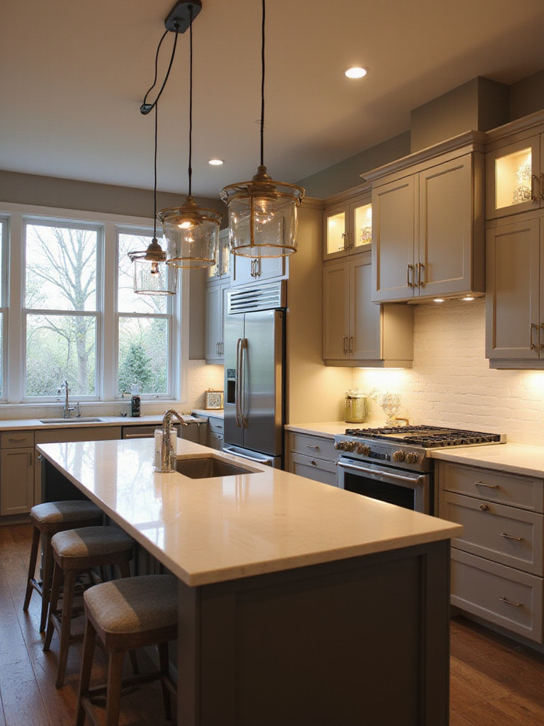 Modern kitchen interior featuring layered lighting with recessed ceiling lights, under-cabinet task lighting, island pendants, and in-cabinet accent lighting, creating a functional and ambient space.