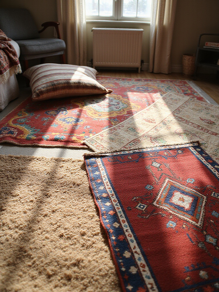 Layered Kilim and Persian rugs on a natural fiber base rug create a cozy, colorful, and textured floor in a boho bedroom.