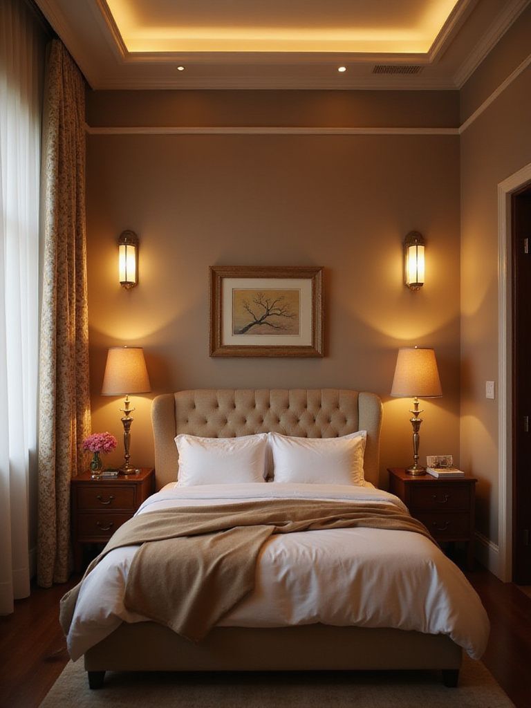 Bedroom with layered lighting scheme featuring ambient, task, and accent lights for depth and ambiance.