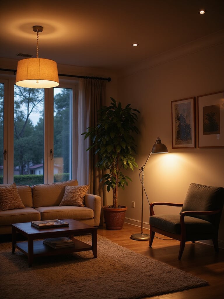 A stylish living room showcasing layered lighting with ambient ceiling lights, a pendant lamp, a floor lamp for task lighting, and accent lights highlighting artwork and plants, creating a warm and inviting atmosphere.
