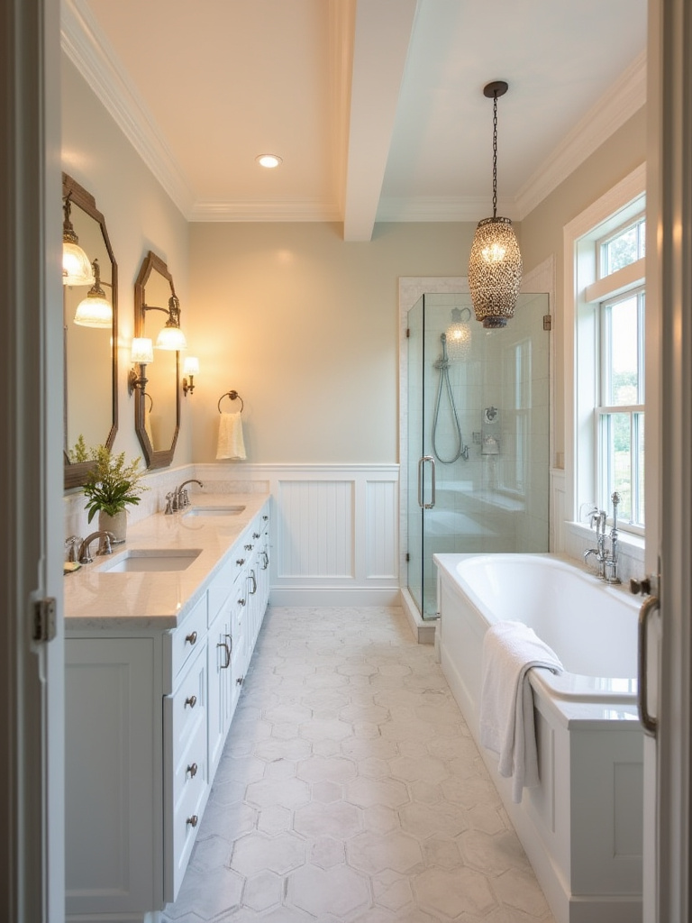 Transitional bathroom showcasing layered lighting with recessed ceiling lights, vanity sconces, and a decorative pendant, creating both functional illumination and a warm ambiance.