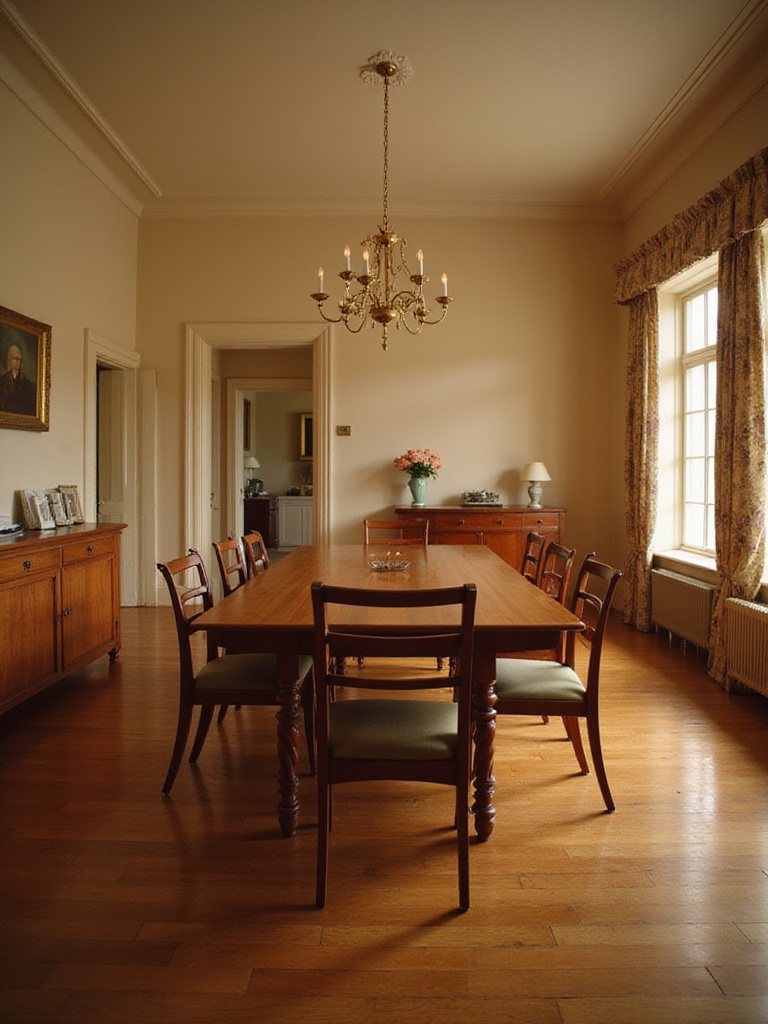 An elegant dining room layout showcasing a wooden table and chairs with generous clear space around them, illustrating room for serving and clearing, with a sideboard and doorway visible.