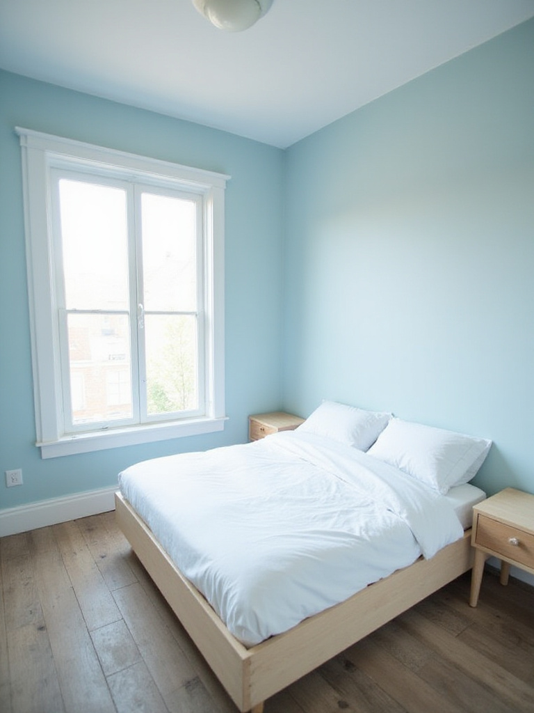 Small bedroom with light blue walls and minimalist decor, maximizing space with bright colors.