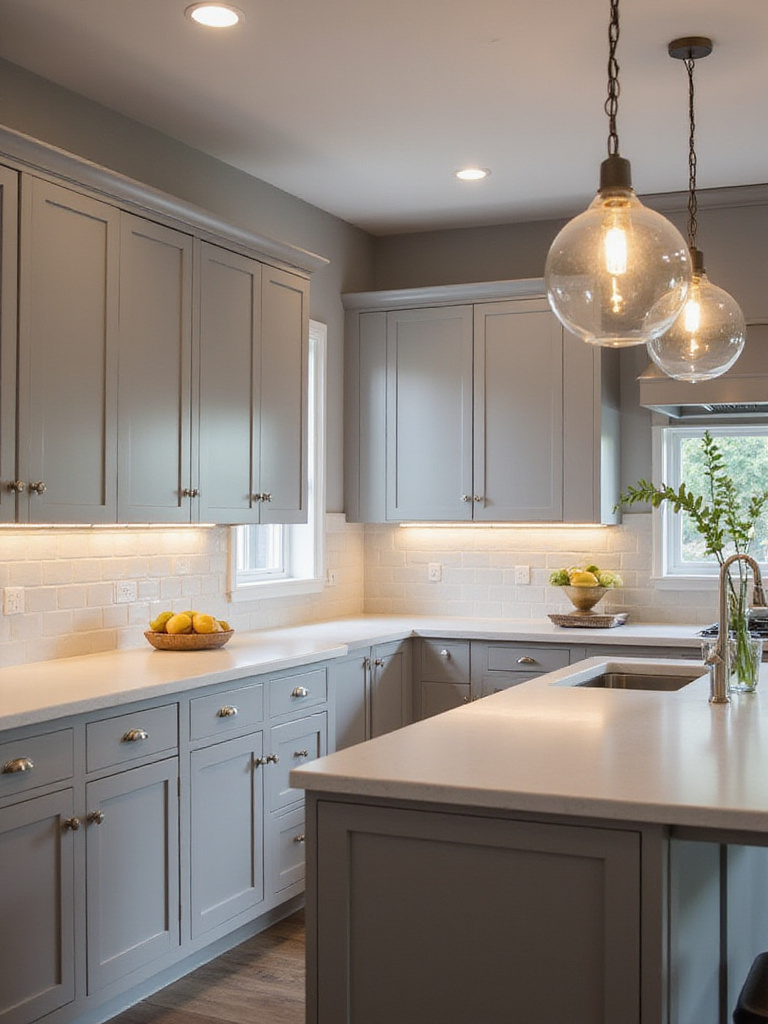 Modern kitchen with medium-gray shaker cabinets, showcasing layered lighting including under-cabinet LED strips, recessed ceiling lights, and pendant lights over an island, illuminating the space and highlighting the cabinet color.