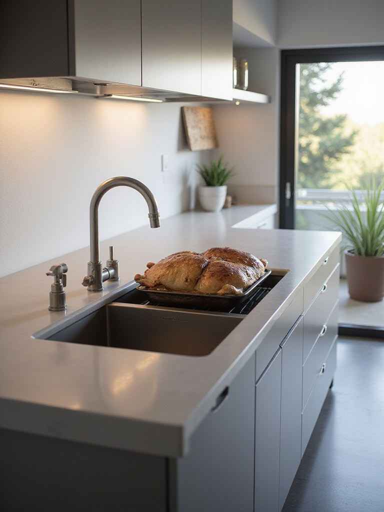 Modern kitchen featuring a large stainless steel low-divide sink with a baking sheet spanning the low partition, set into a clean countertop with natural light.