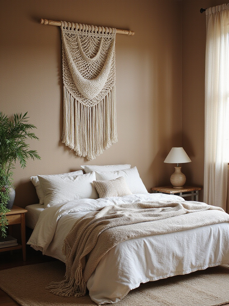 Boho bedroom featuring a large macrame wall hanging above the bed, layered natural bedding, and a plant on a nightstand.