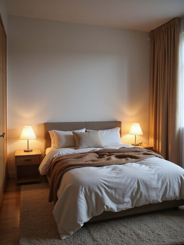 A stylish apartment bedroom with a cozy bed as the focal point, featuring layered textures, plush pillows, and warm lighting.
