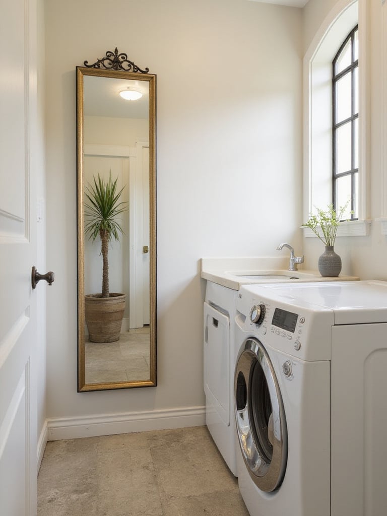 A strategically placed mirror in a small laundry room reflecting light and visually expanding the space, making it feel larger and brighter.
