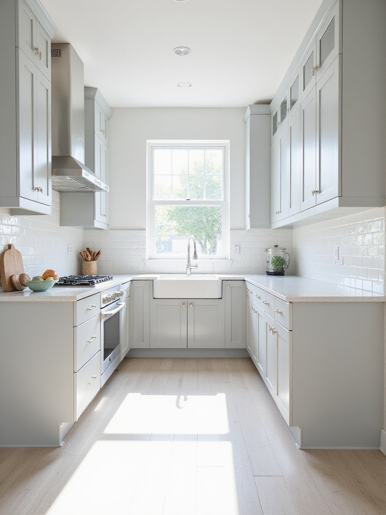 Bright small kitchen featuring light gray shaker cabinets and a white subway tile backsplash, designed to make the space feel larger and more open.