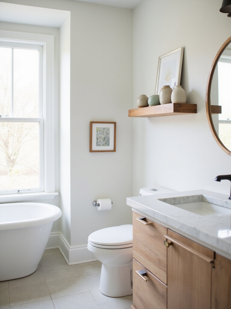 Transitional bathroom showcasing a freestanding tub, floating vanity, and personal touches like framed art and ceramic vases on a shelf, blending classic and modern styles.