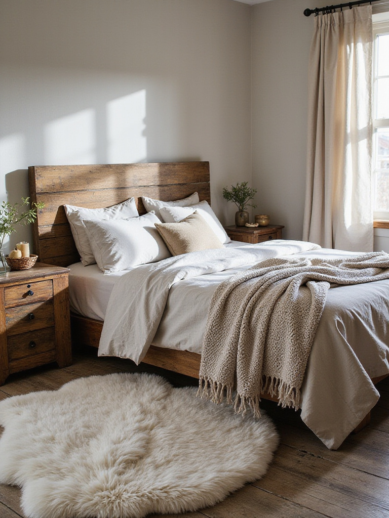 Rustic bedroom showcasing texture layering with wood, soft bedding, knit throw, and wool rug for coziness.