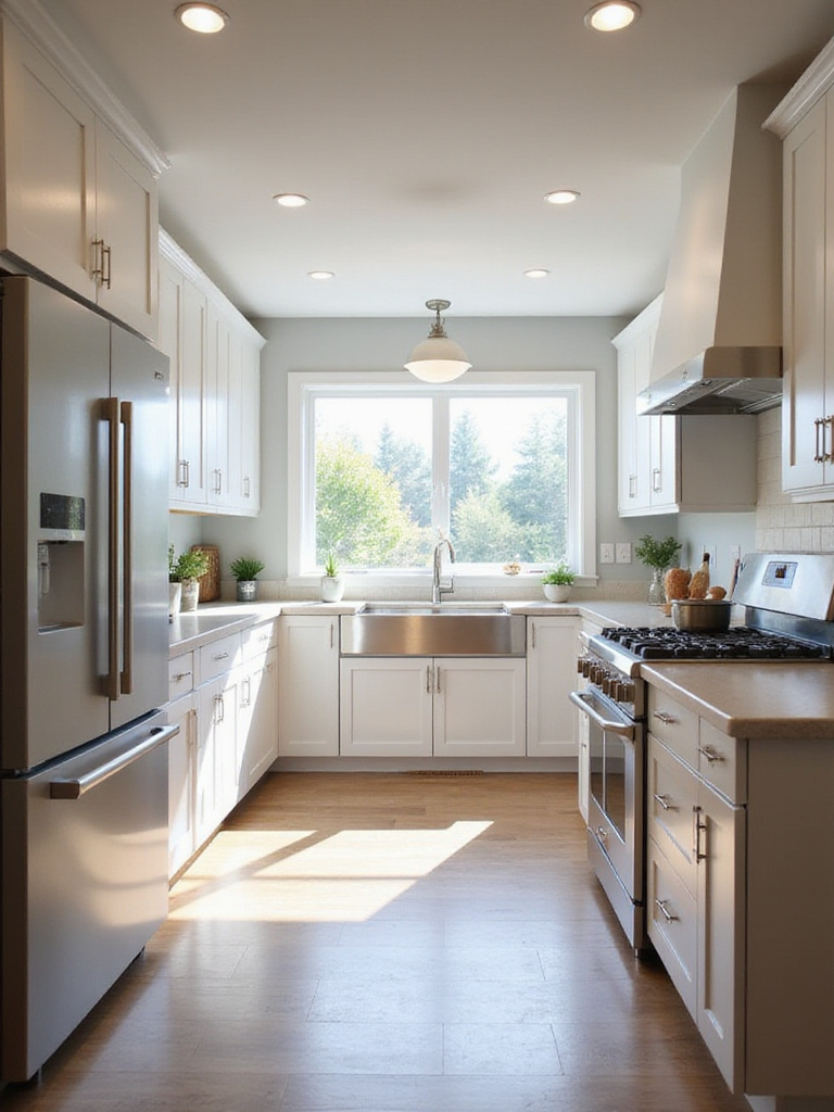 A contemporary kitchen layout featuring a clear work triangle connecting the refrigerator, island sink, and range for efficient movement.