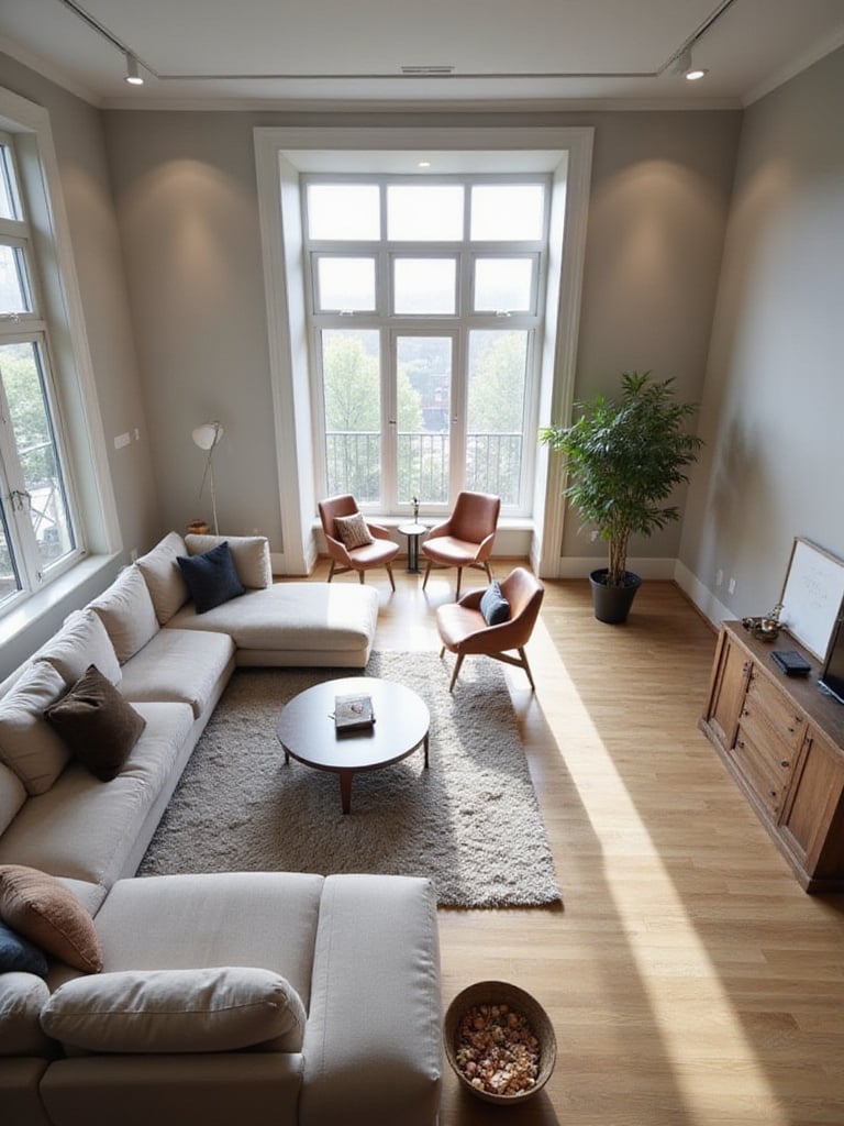 A modern living room with a functional layout showing defined seating zones, clear pathways, and appropriately scaled furniture on an area rug.