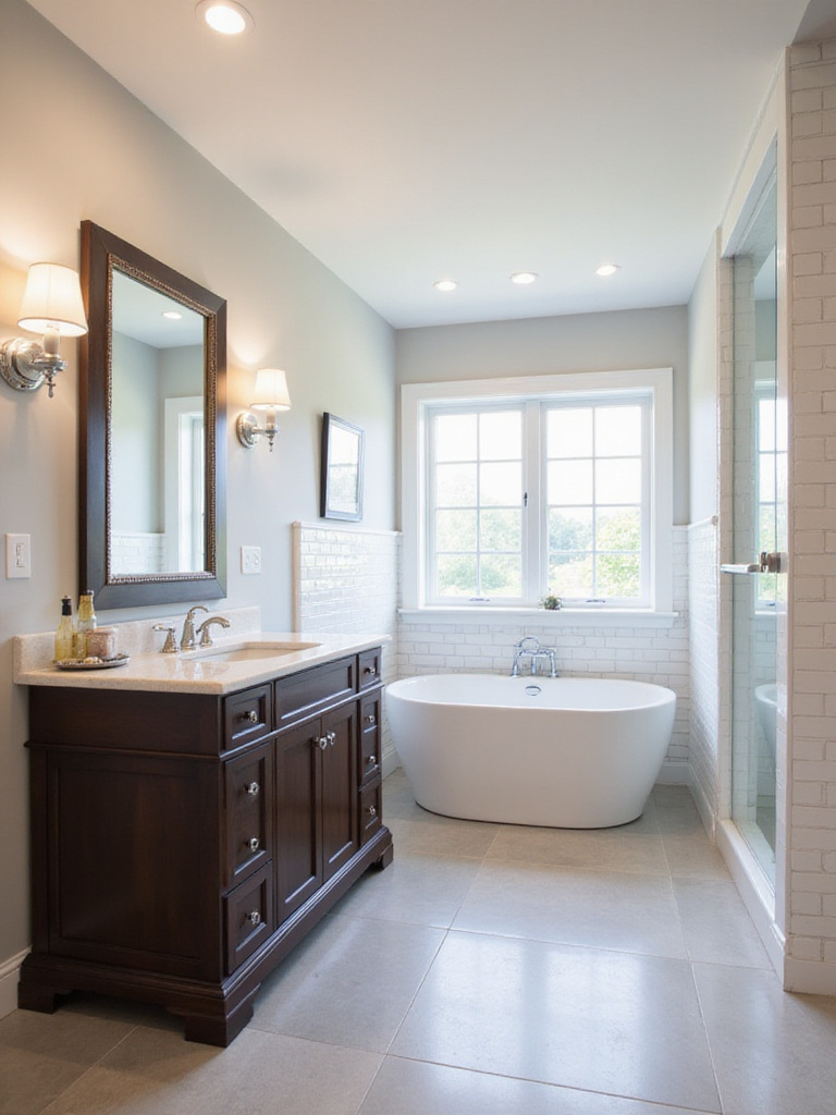 Elegant transitional bathroom showcasing a harmonious blend of traditional and modern design elements, including a classic vanity, modern tub, and mixed tile patterns.
