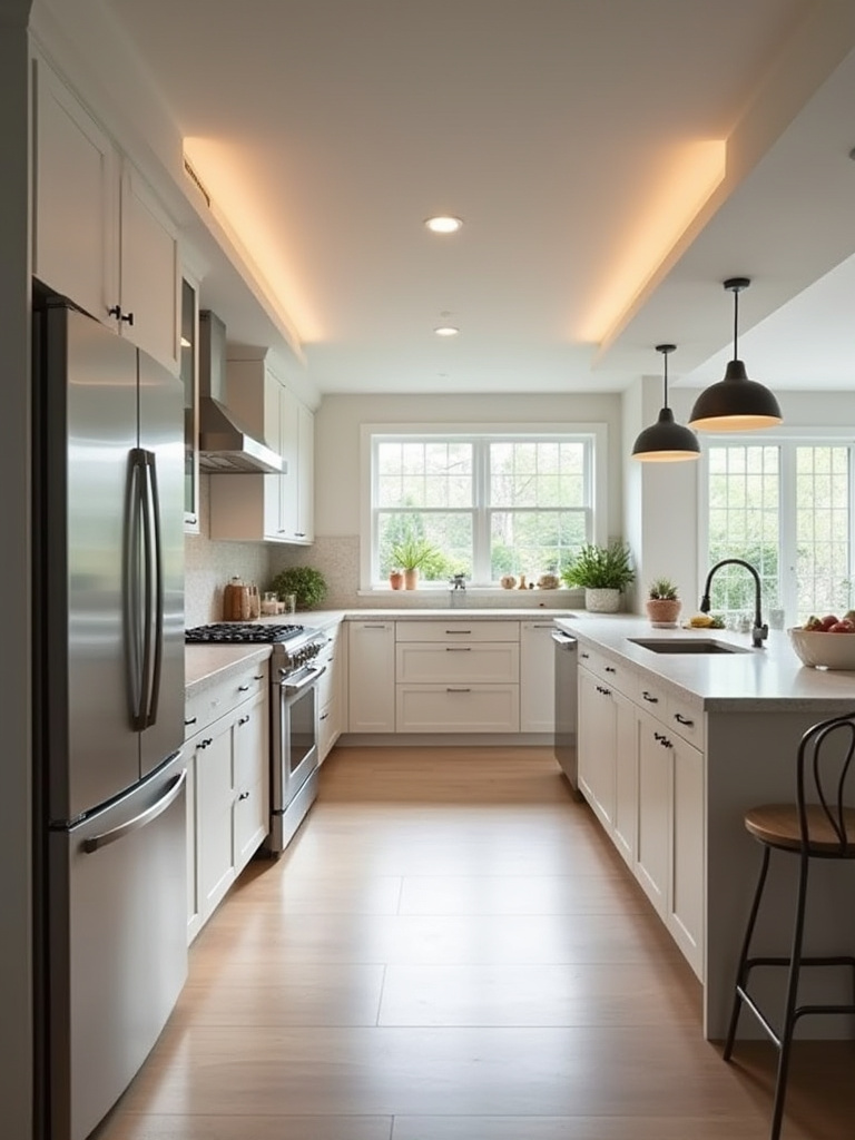 Modern kitchen interior featuring a well-defined work triangle with sink, refrigerator, and cooktop.