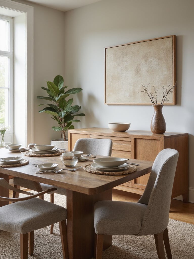 Close-up of dining room furniture showcasing various durable and beautiful finishes, including wood, fabric, and lacquer.