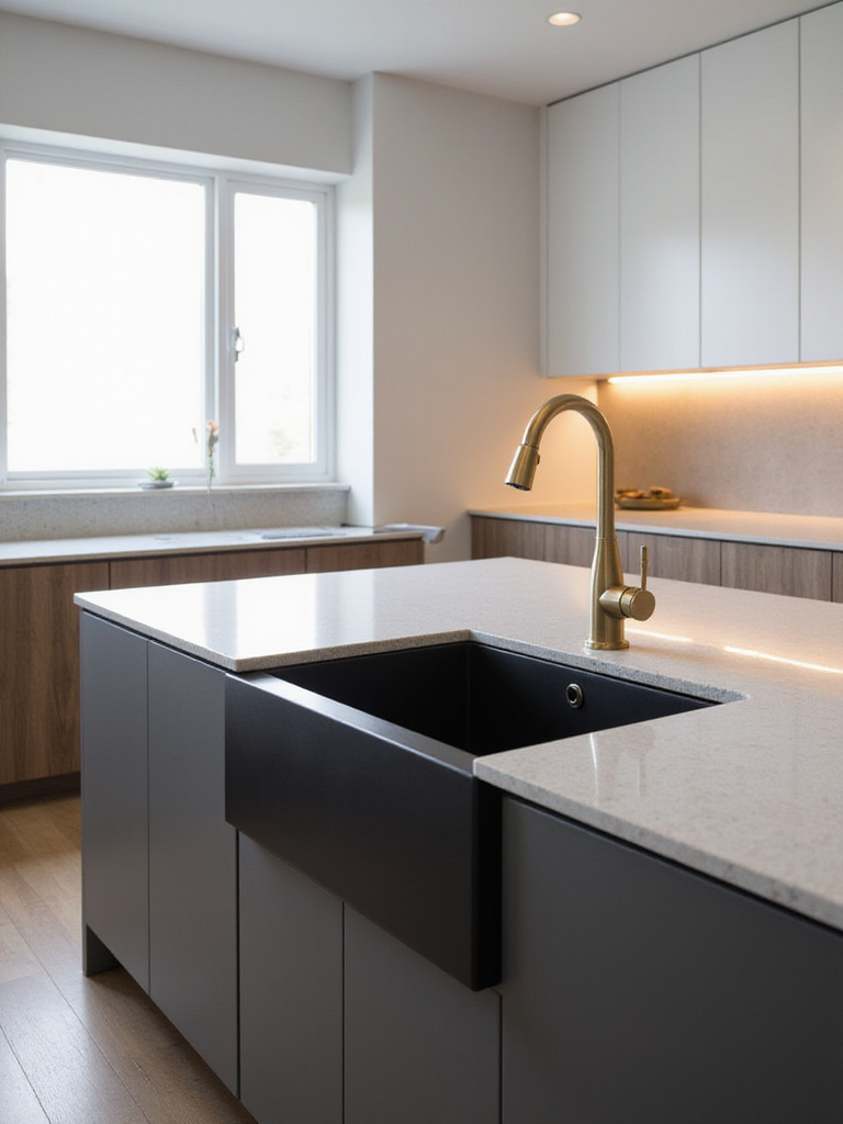Modern kitchen island with a large undermount matte black sink set in a light gray quartz countertop, featuring a brushed gold faucet.