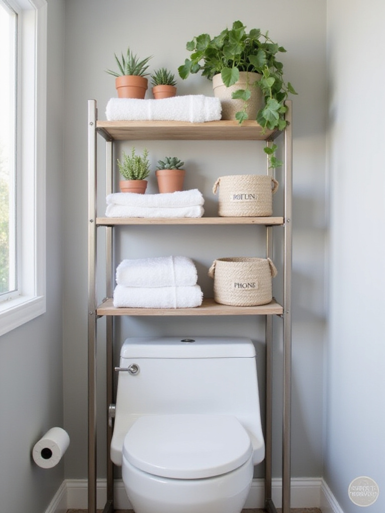 Small bathroom featuring a three-tiered shelving unit above the toilet for organized storage.