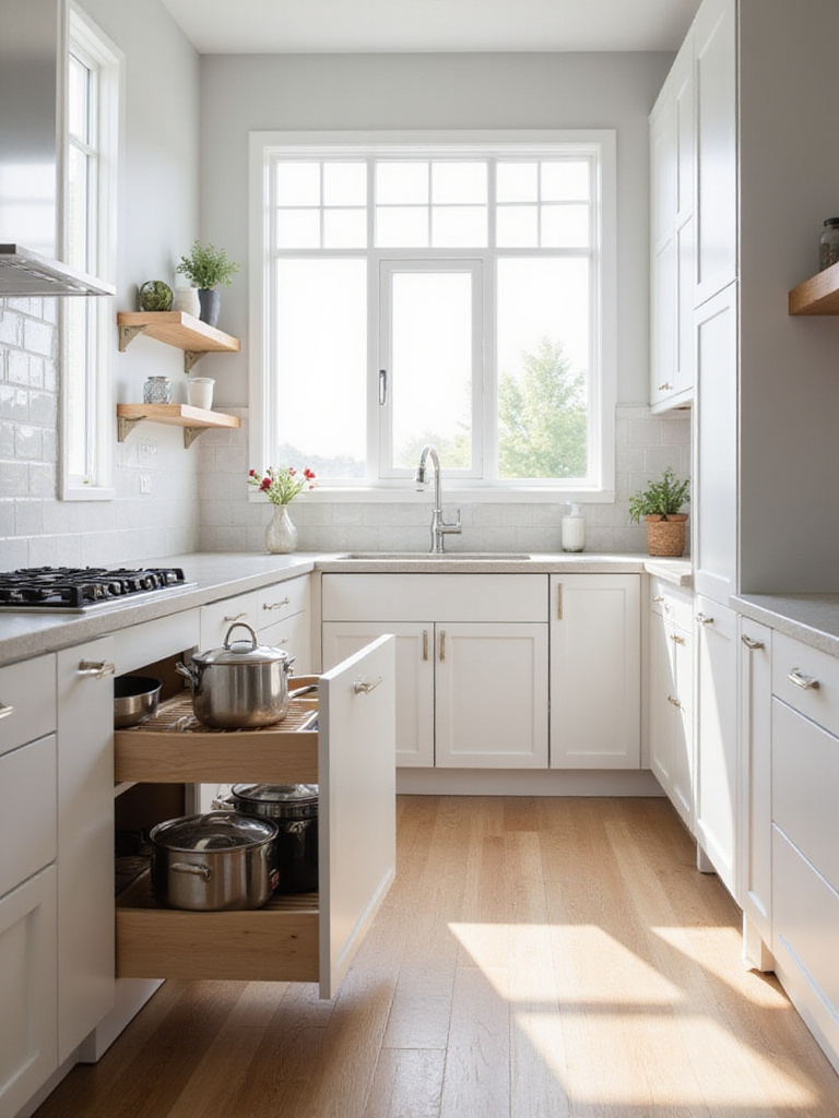 Kitchen interior with open cabinets showcasing clever storage solutions like pull-out drawers for pots and pans and vertical dividers, illustrating maximized storage space.