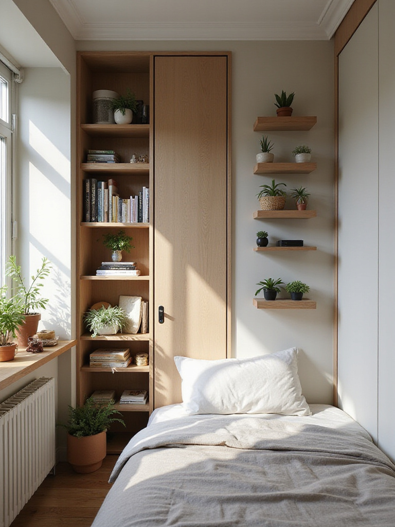 Small apartment bedroom showcasing tall storage solutions like a narrow bookshelf and wardrobe maximizing vertical space.