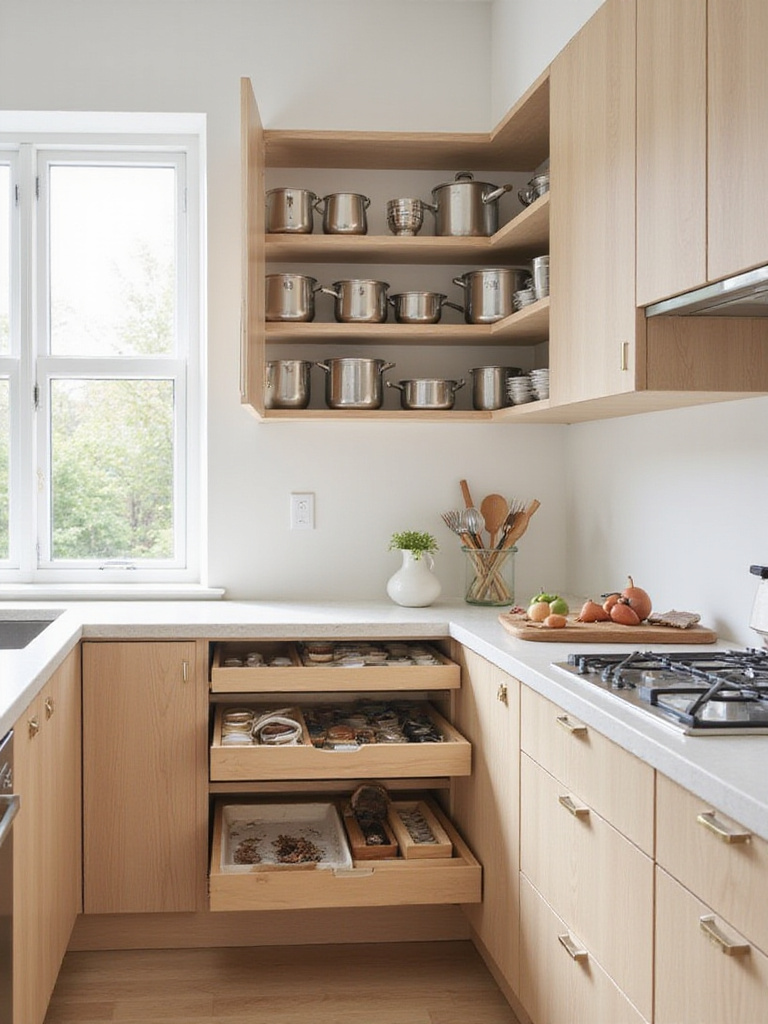 Modern kitchen interior with smart storage solutions including pull-out shelves, corner organizers, and drawer dividers.