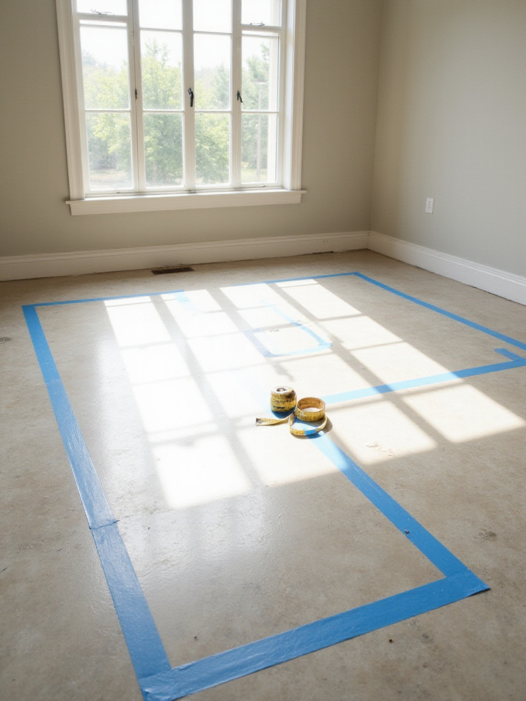 Blue painter's tape marks the planned locations and sizes of dining room furniture on an empty floor, illustrating the importance of measuring before buying.