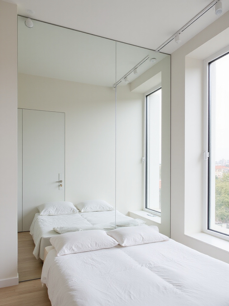 Small bedroom with mirrored wall creating the illusion of more space.
