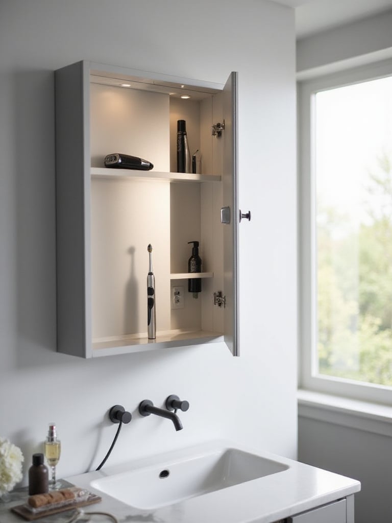 Modern bathroom medicine cabinet with an integrated power outlet visible inside, showing an electric toothbrush plugged in. Highlights smart storage and charging solutions.