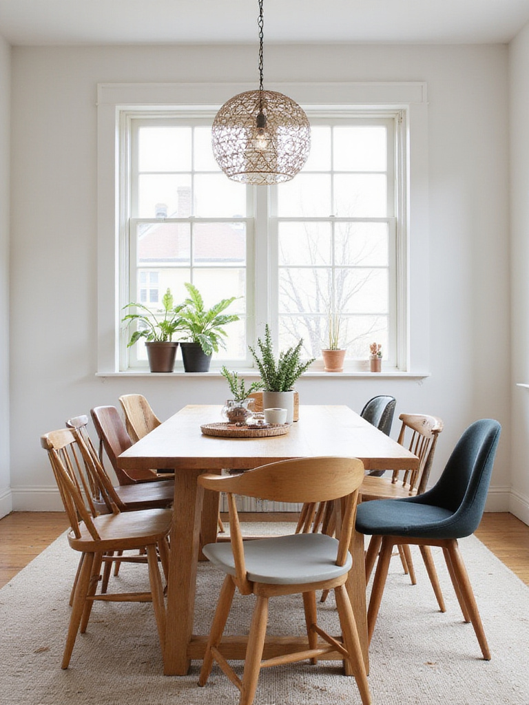 Stylish dining room with a wooden table surrounded by a mix of different dining chair styles, finishes, and colors, creating a unique and inviting look.