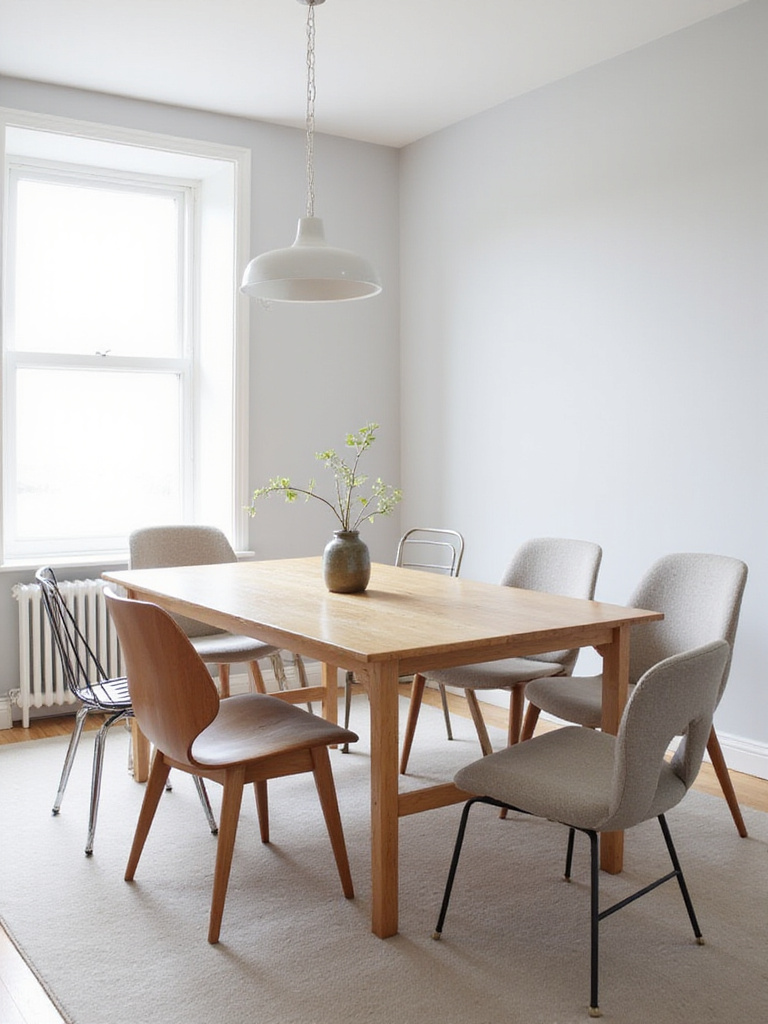 Dining room with mixed and matched chair styles around a wooden table.