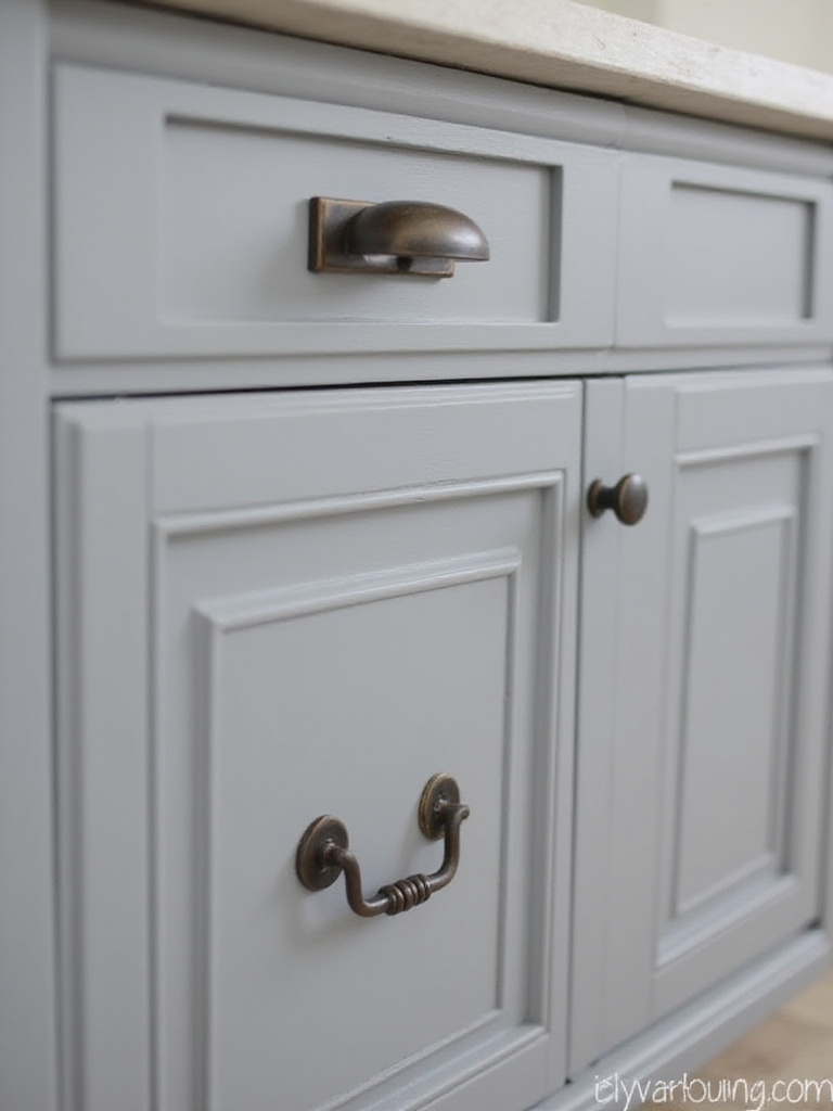 Close-up of a muted gray farmhouse vanity with mixed oil-rubbed bronze hardware: a cup pull, a round knob, and a bin pull, creating a collected feel.