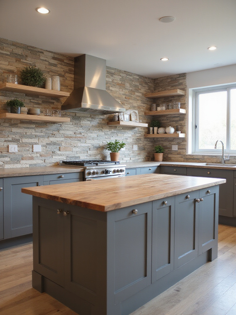 Modern kitchen with mixed materials: reclaimed wood island, stone backsplash, and matte gray cabinets.