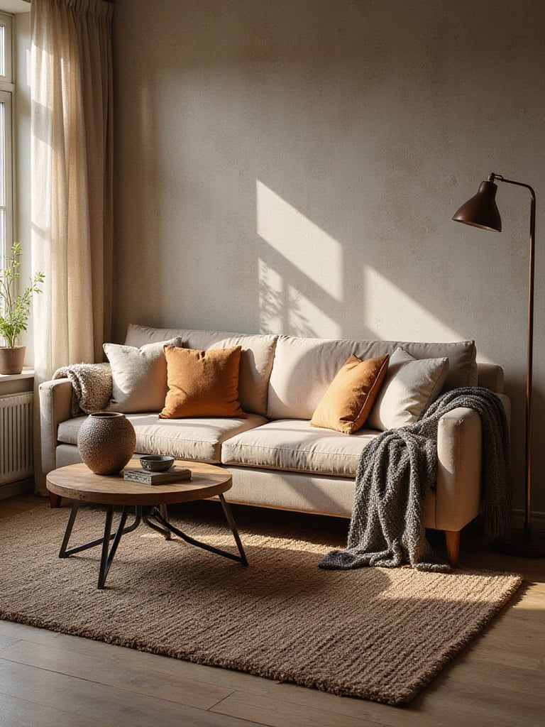 Living room interior featuring a mix of textures including velvet pillows, a chunky knit throw, a woven rug, a wood and metal coffee table, and a textured wall, creating depth and visual interest.