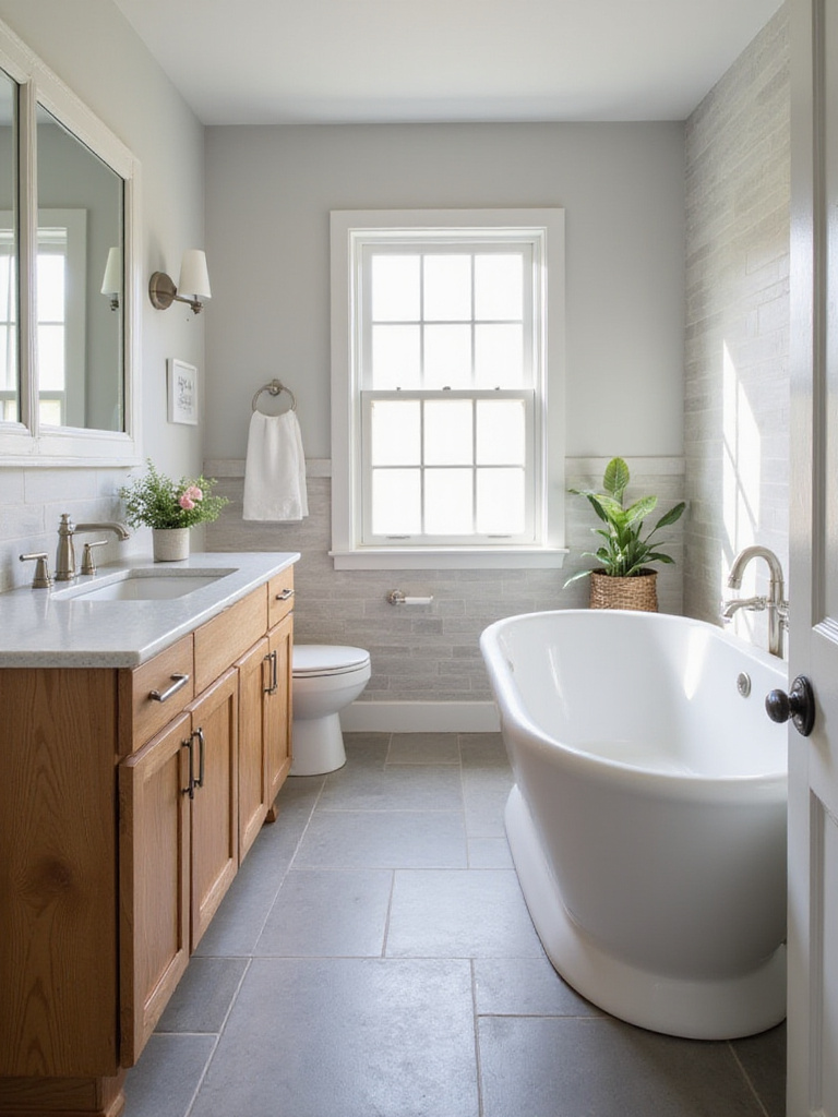 Transitional bathroom showcasing mixed textures: wood vanity, smooth quartz countertop, textured wall tile, and large format floor tile.