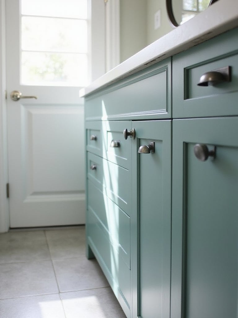 Bathroom vanity cabinets updated with fresh paint and new hardware, demonstrating a budget-friendly style boost.