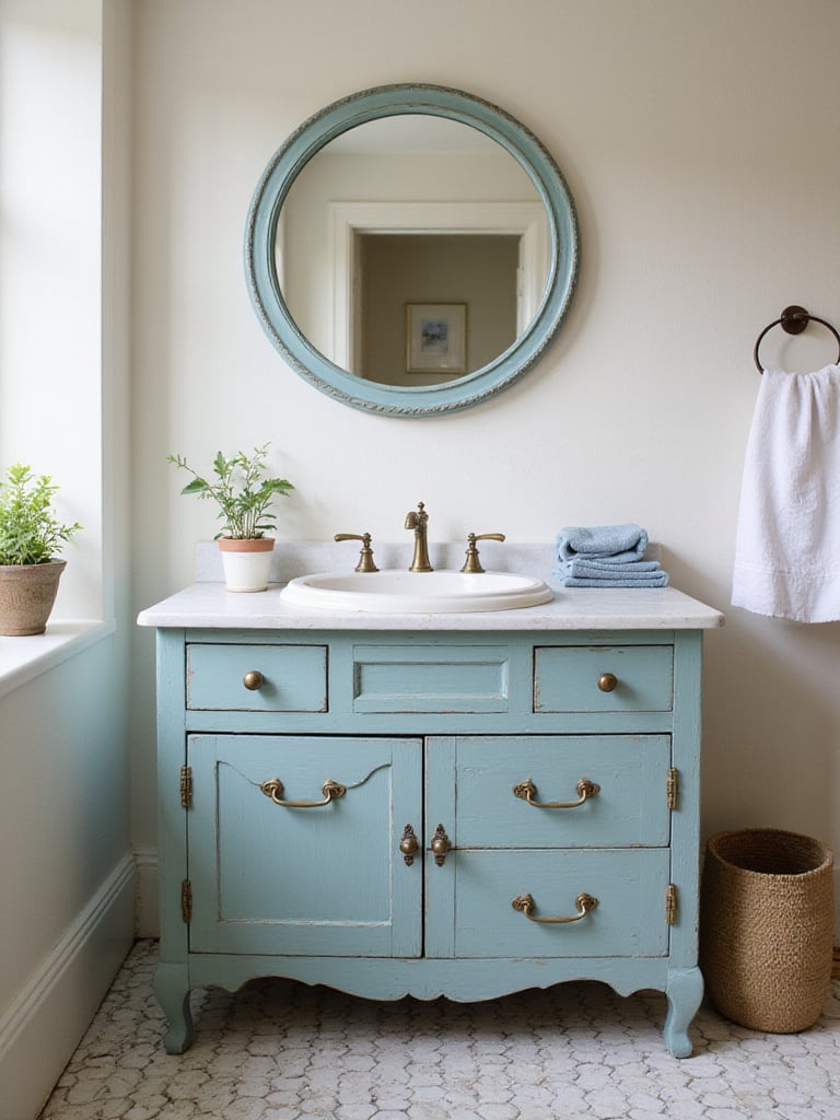 A charming vintage-inspired bathroom vanity cabinet with distressed blue paint, antique brass hardware, a white sink, and a round mirror in a classic bathroom setting.