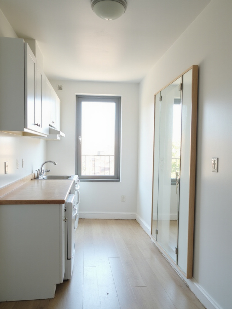 A small apartment kitchen is made to look larger and brighter by a large framed mirror mounted on a wall opposite a window, reflecting light and the room to create an illusion of depth.