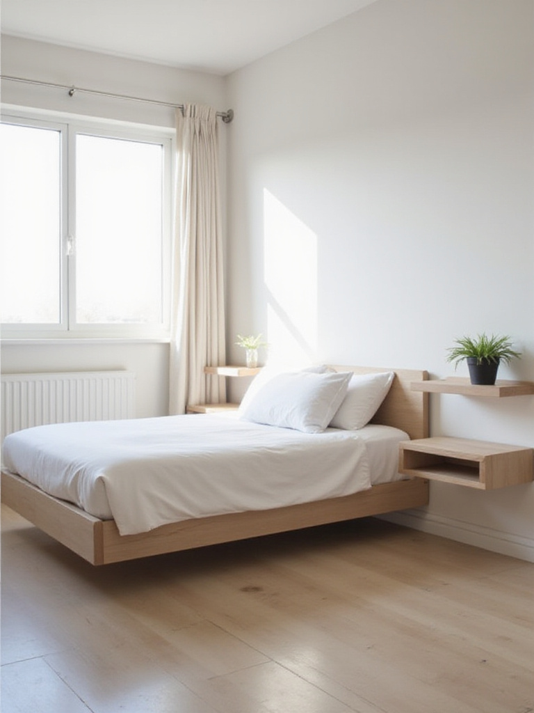 A modern apartment bedroom featuring a floating bed frame, floating nightstands, and a floating shelf to maximize space and create an airy feel.