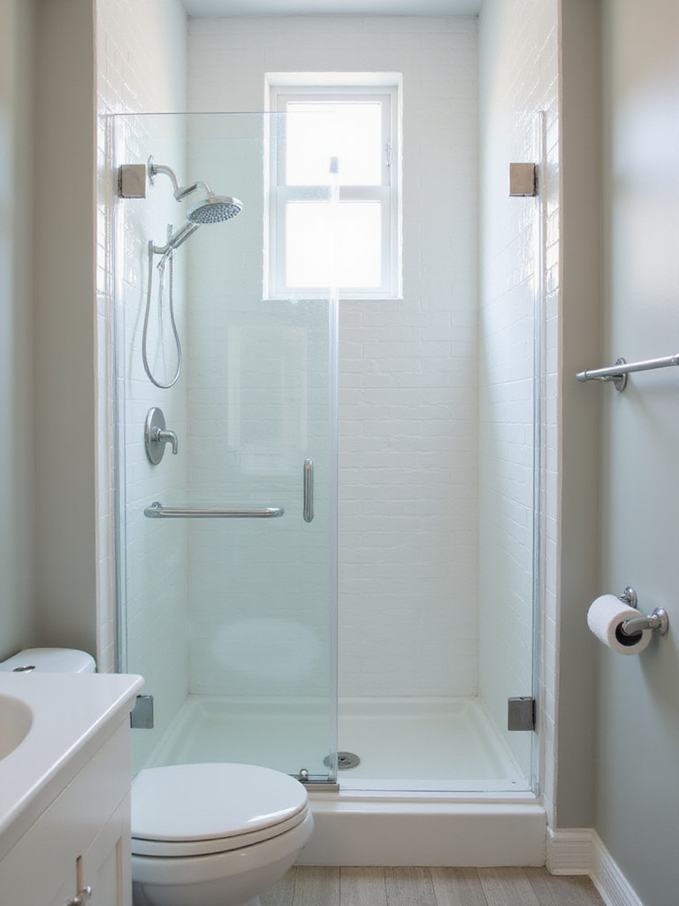 Small bathroom with clear glass shower door and white subway tile