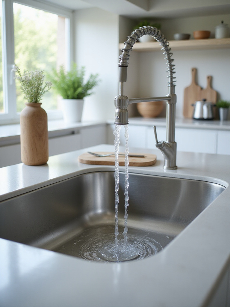 Modern kitchen sink with visible slope and water draining quickly towards the drain, illustrating optimized drainage.